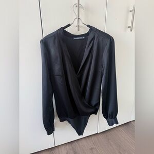 Abercrombie & Fitch Black Satin Long Sleeve Bodysuit
